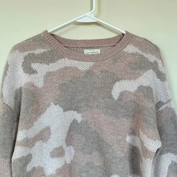 LUCKY BRAND Camo Wool Blend Pullover Sweater Crew Neck Size SMALL Light Pink - Picture 2 of 11